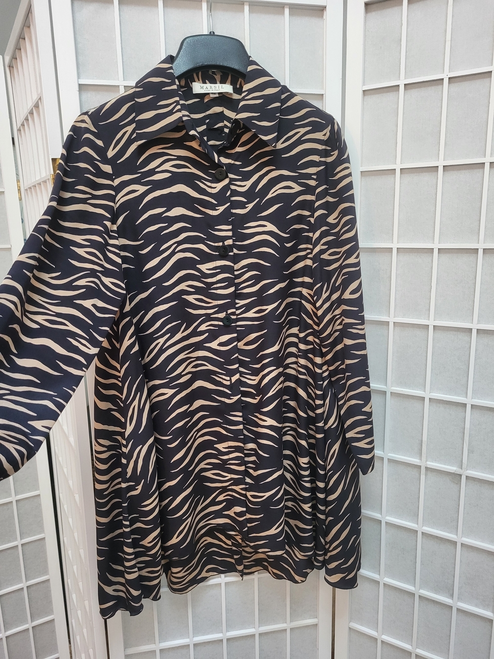 Marsil, Italian-made, Black & Tan Zebra-Print Tunic, Silk Viscose, sz 6/8